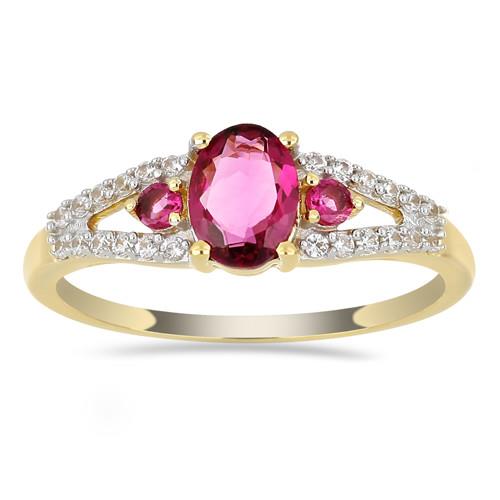 BUY 14 K GOLD REAL RUBELLITE GEMSTONE THREE STONES RING